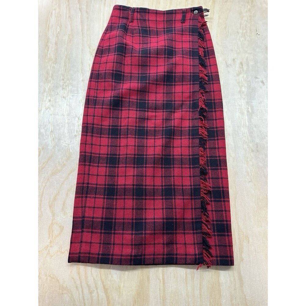 Breeches Plaid Wrap Skirt 100% Wool Fringe Trim Midi Vintage Made In‎ USA Red 4